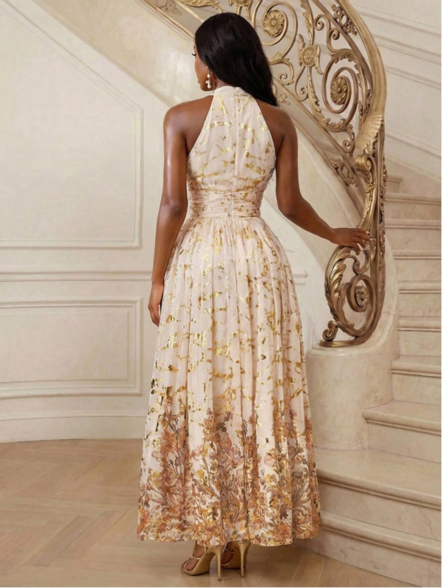 Gold Floral Halter Maxi Dress