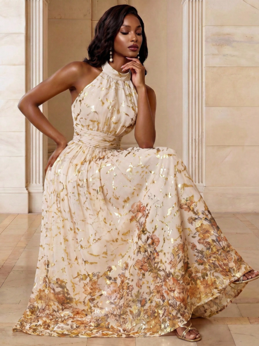 Gold Floral Halter Maxi Dress