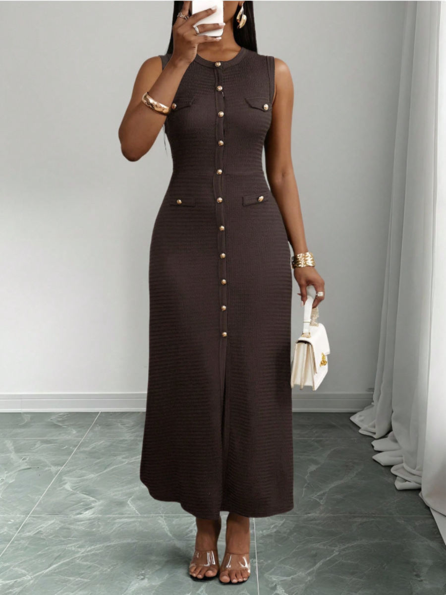 Gold Button Knit Maxi Dress – Chocolate Brown