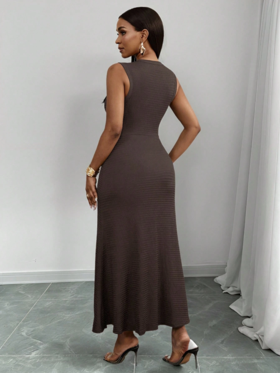Gold Button Knit Maxi Dress – Chocolate Brown