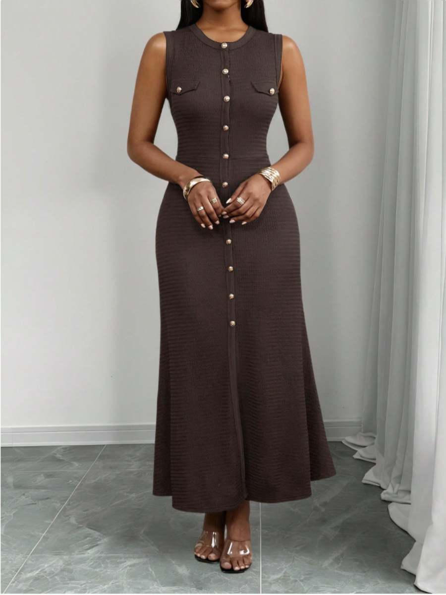 Gold Button Knit Maxi Dress – Chocolate Brown