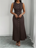 Gold Button Knit Maxi Dress – Chocolate Brown