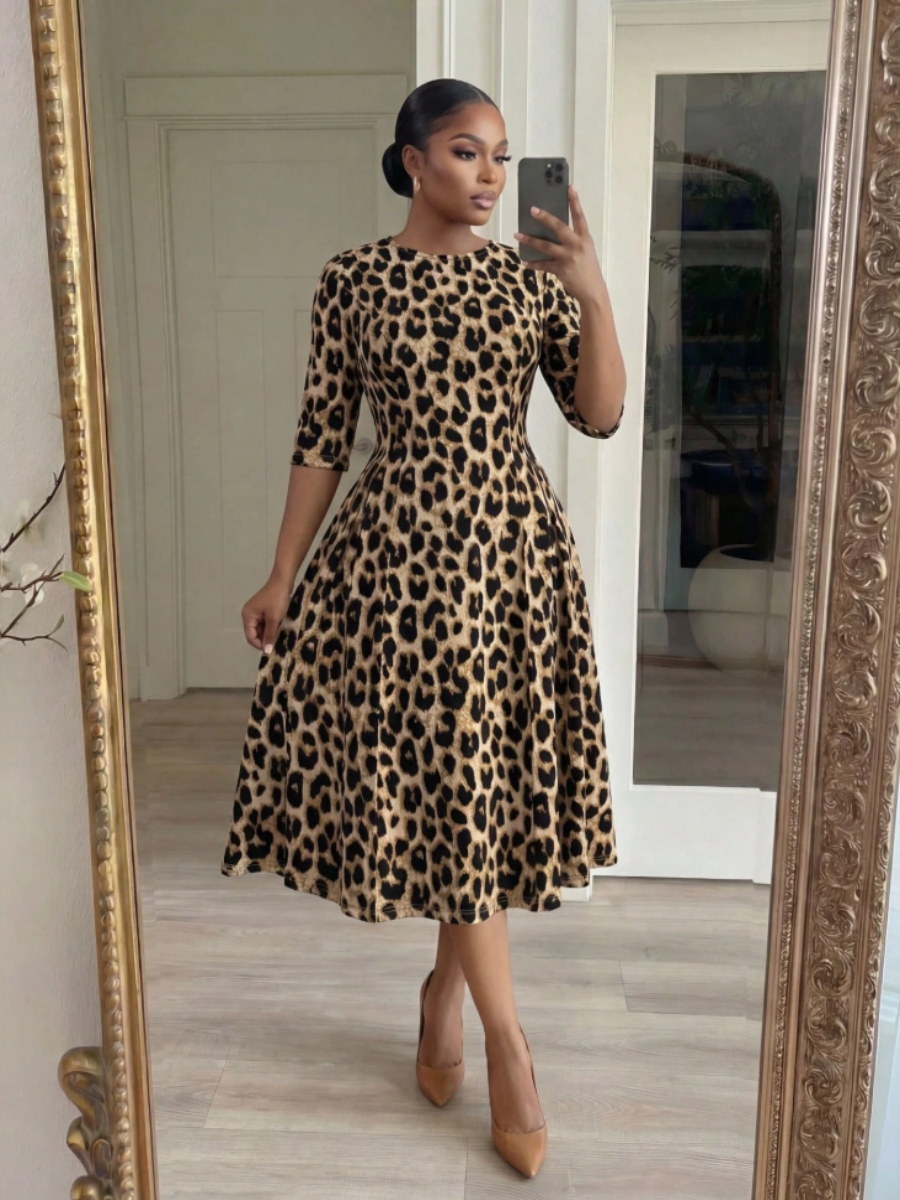 Leopard Print A-Line Midi Dress