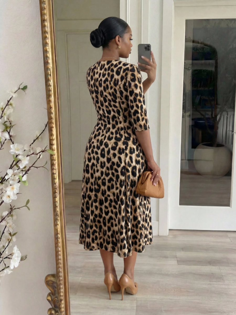 Leopard Print A-Line Midi Dress