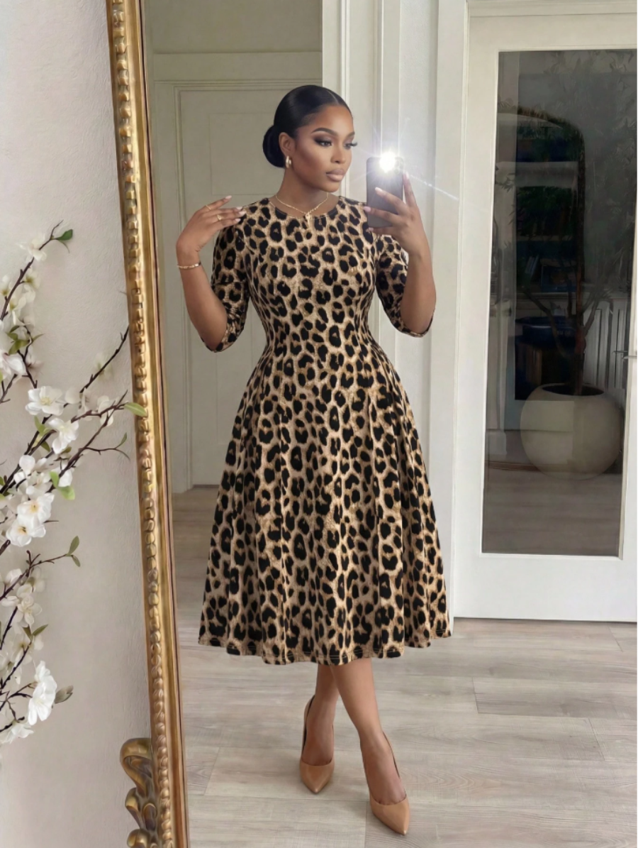 Leopard Print A-Line Midi Dress