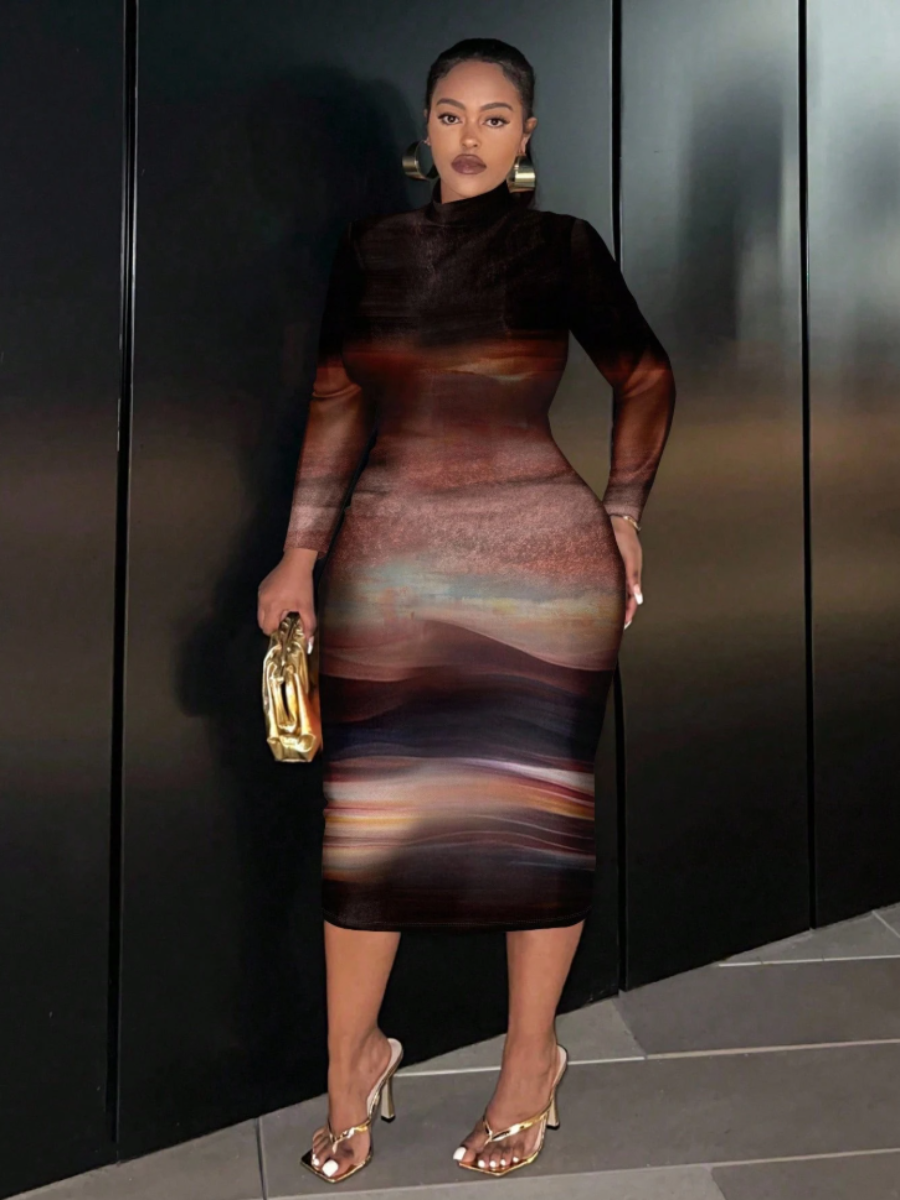 Abstract Print Mesh Midi Dress