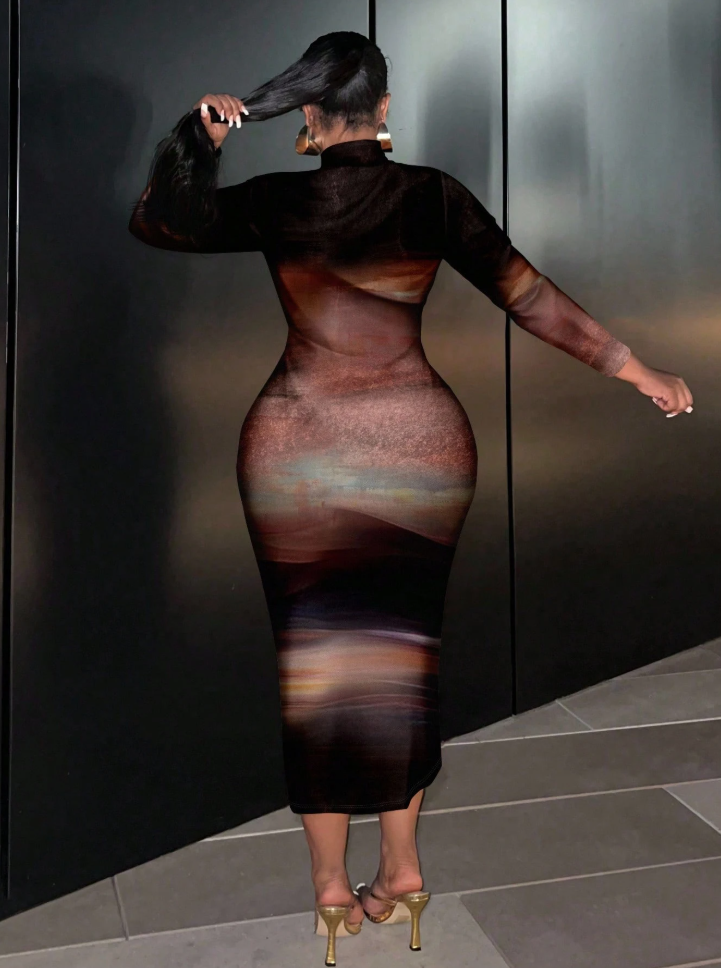 Abstract Print Mesh Midi Dress