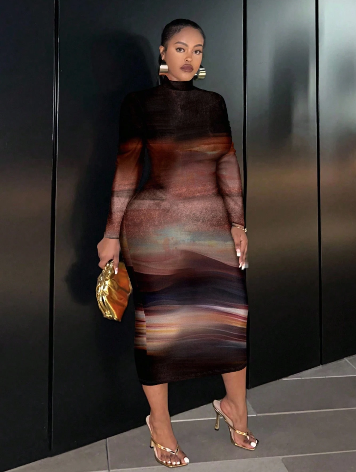 Abstract Print Mesh Midi Dress