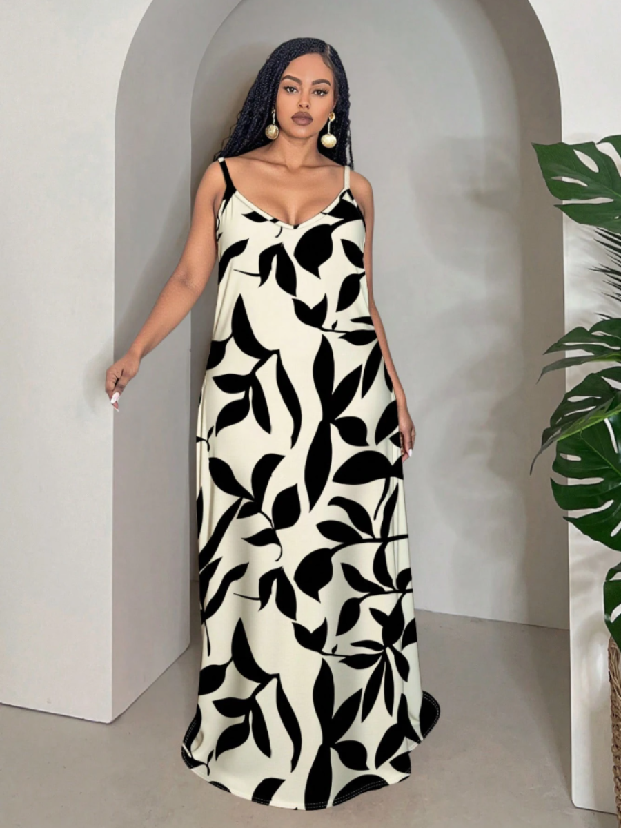 Leaf Print Maxi Slip Dress