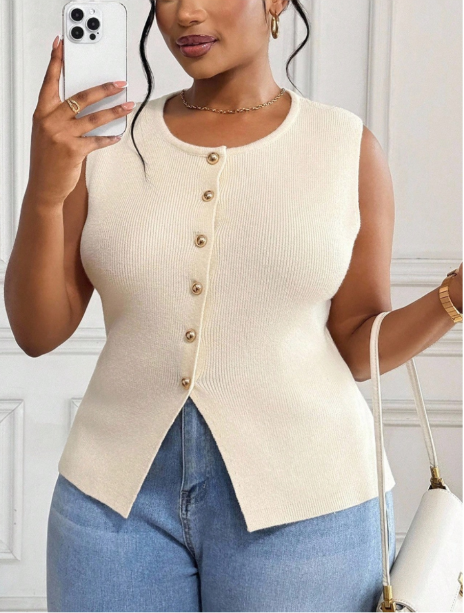 Plus Size Ribbed Button-Front Knit Tank Top