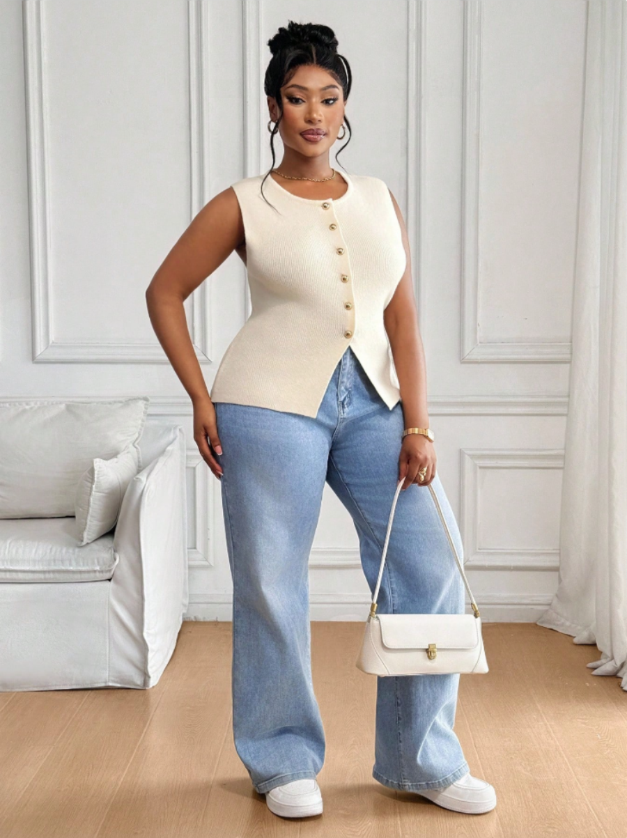 Plus Size Ribbed Button-Front Knit Tank Top