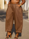 Brown Pleated Barrel-Leg Trousers