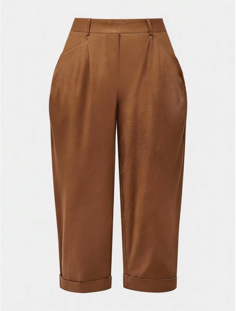 Brown Pleated Barrel-Leg Trousers