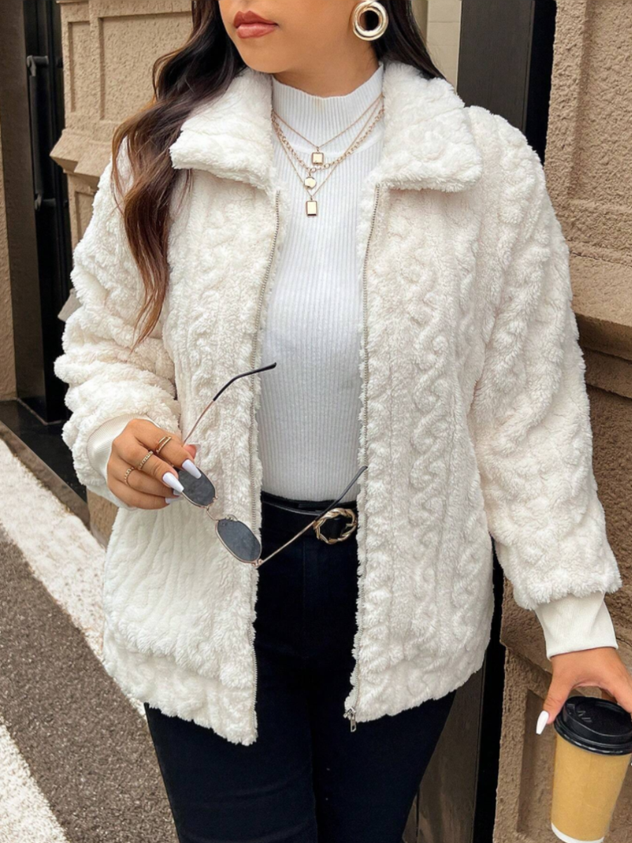 Cable Knit Texture Fluffy Zip-Up Jacket