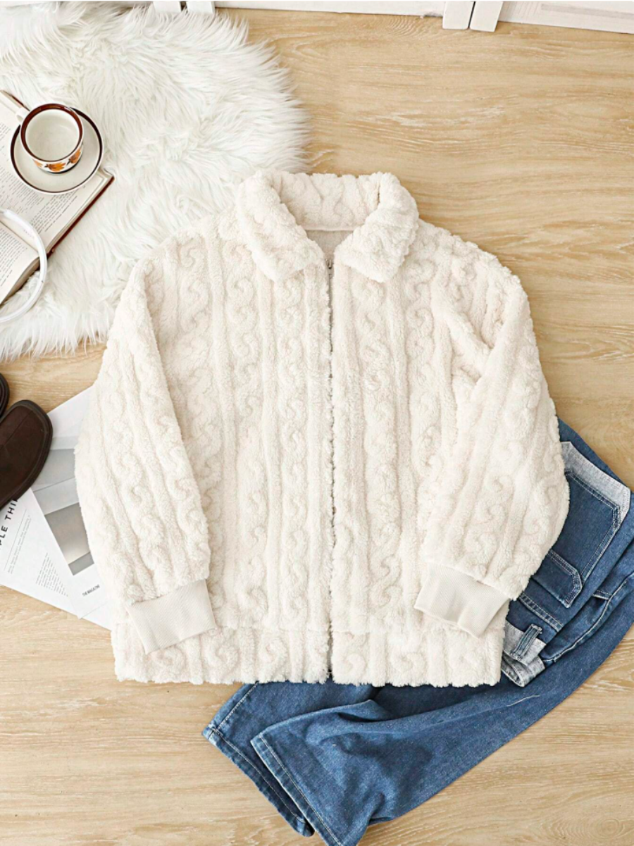 Cable Knit Texture Fluffy Zip-Up Jacket