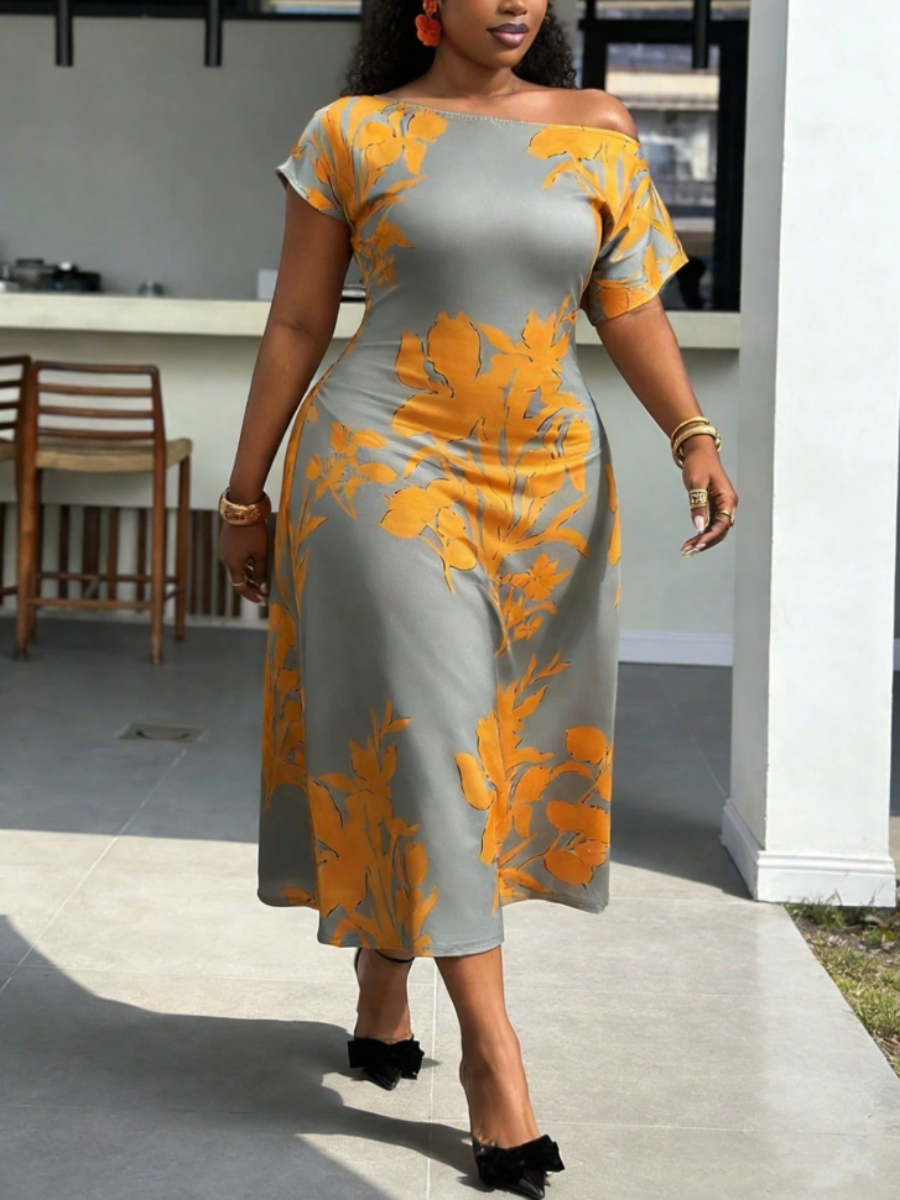 Grey & Yellow Floral Off-Shoulder Midi Dress