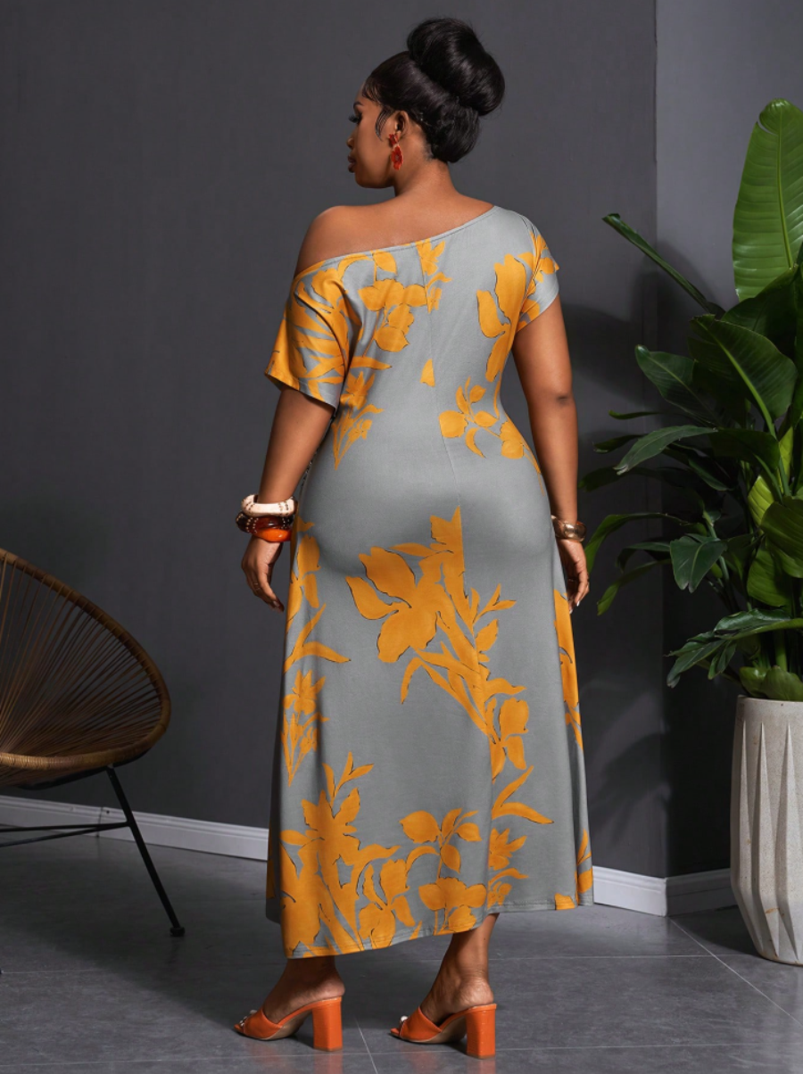 Grey & Yellow Floral Off-Shoulder Midi Dress
