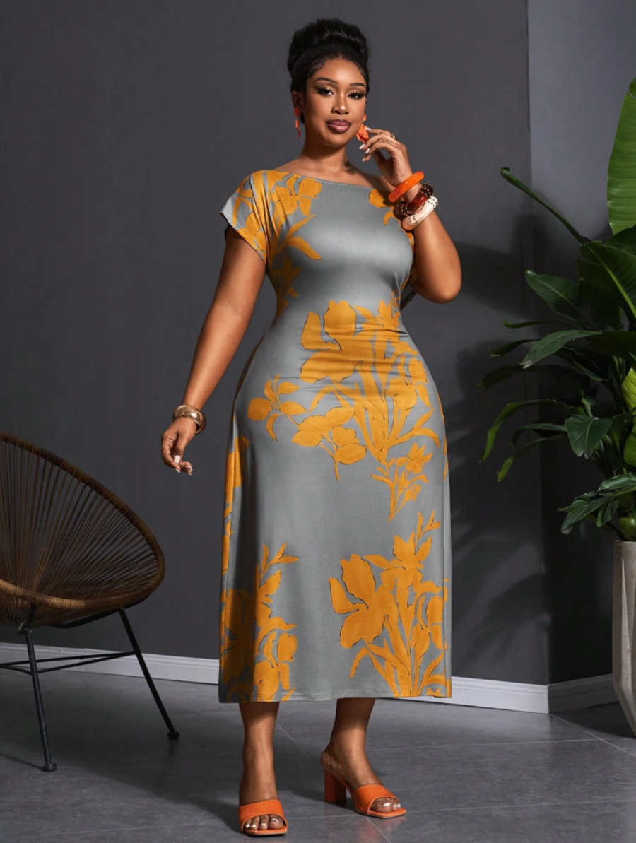 Grey & Yellow Floral Off-Shoulder Midi Dress