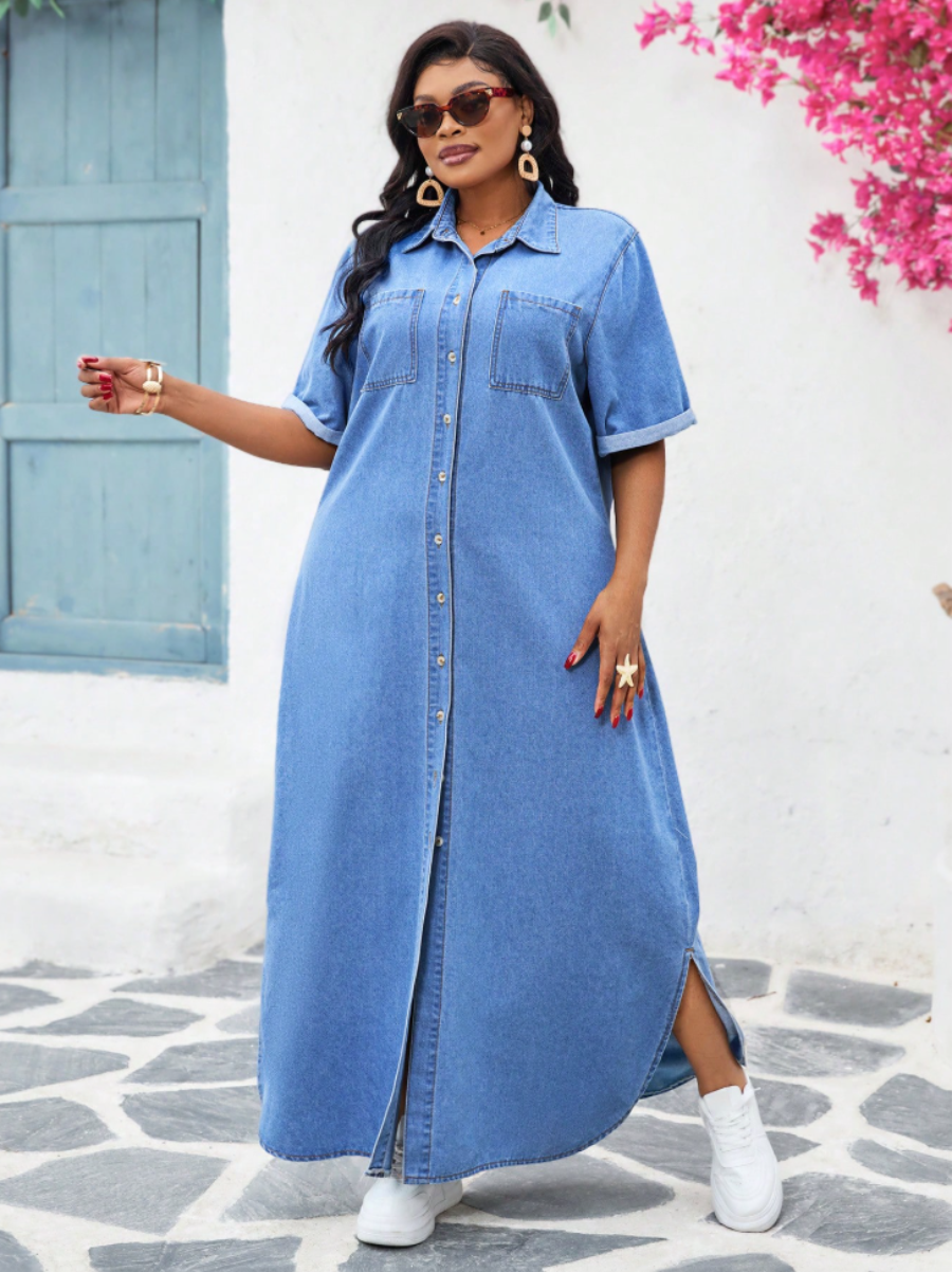 Plus Size Denim Maxi Shirt Dress