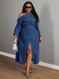 Plus Size One-Shoulder Denim Dress Set