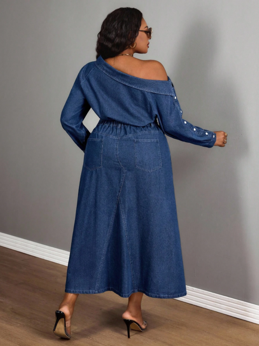 Plus Size One-Shoulder Denim Dress Set