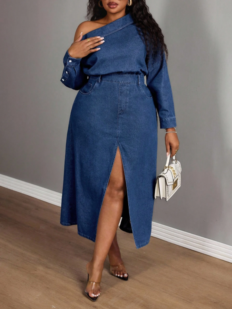 Plus Size One-Shoulder Denim Dress Set