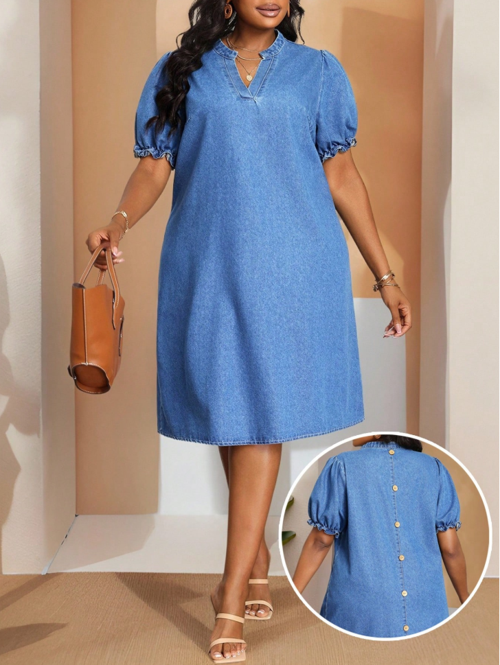 Plus Size Denim Puff Sleeve Midi Dress