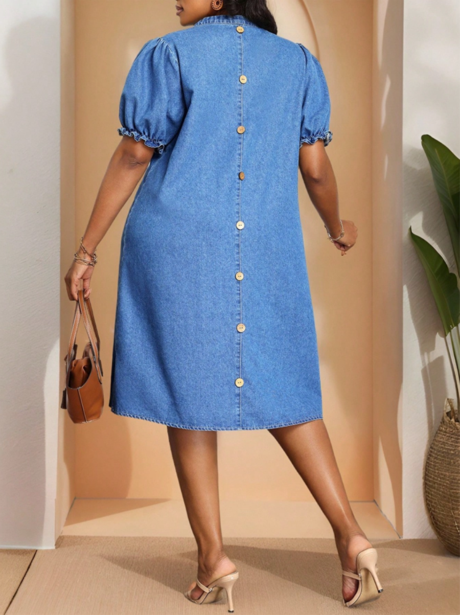 Plus Size Denim Puff Sleeve Midi Dress
