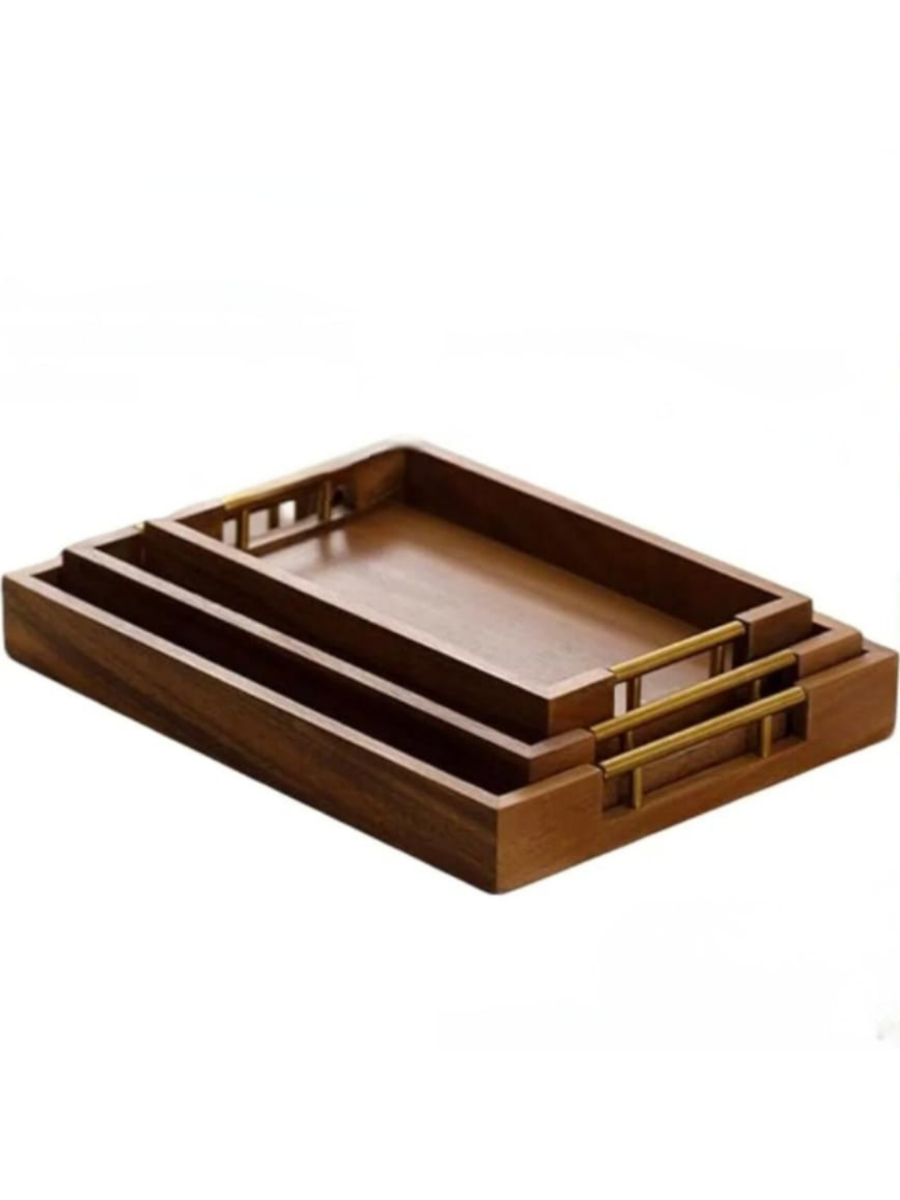 Acacia Wood Serving Tray Set with Gold Handles