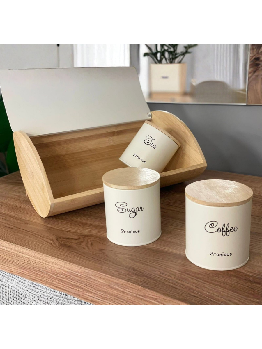 Prokious Kitchen Storage Set – Bread Box with Tea, Sugar & Coffee Canisters
