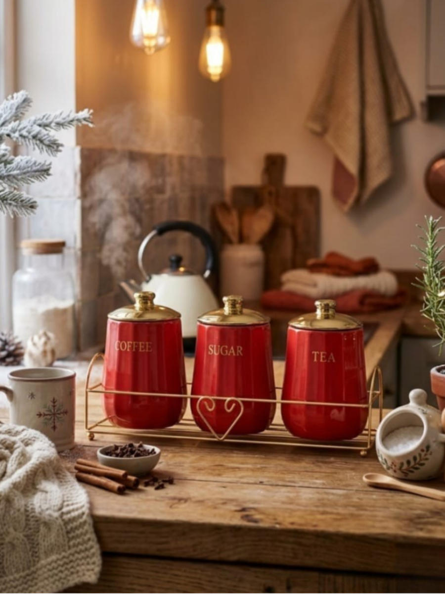 Ceramic Canister Set of 3 with Gold Rack