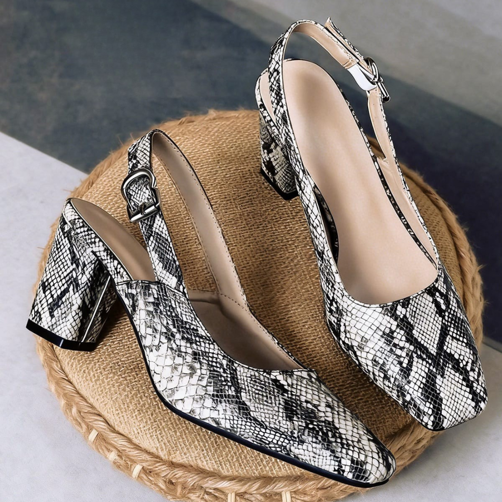Snakeskin Print Block Heel Slingback Pumps