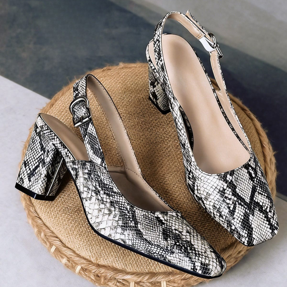 Snakeskin Print Block Heel Slingback Pumps