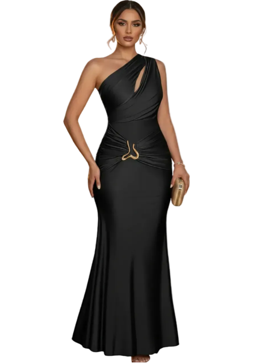 One Shoulder Ruched Maxi Dress with Gold Snake Buckle