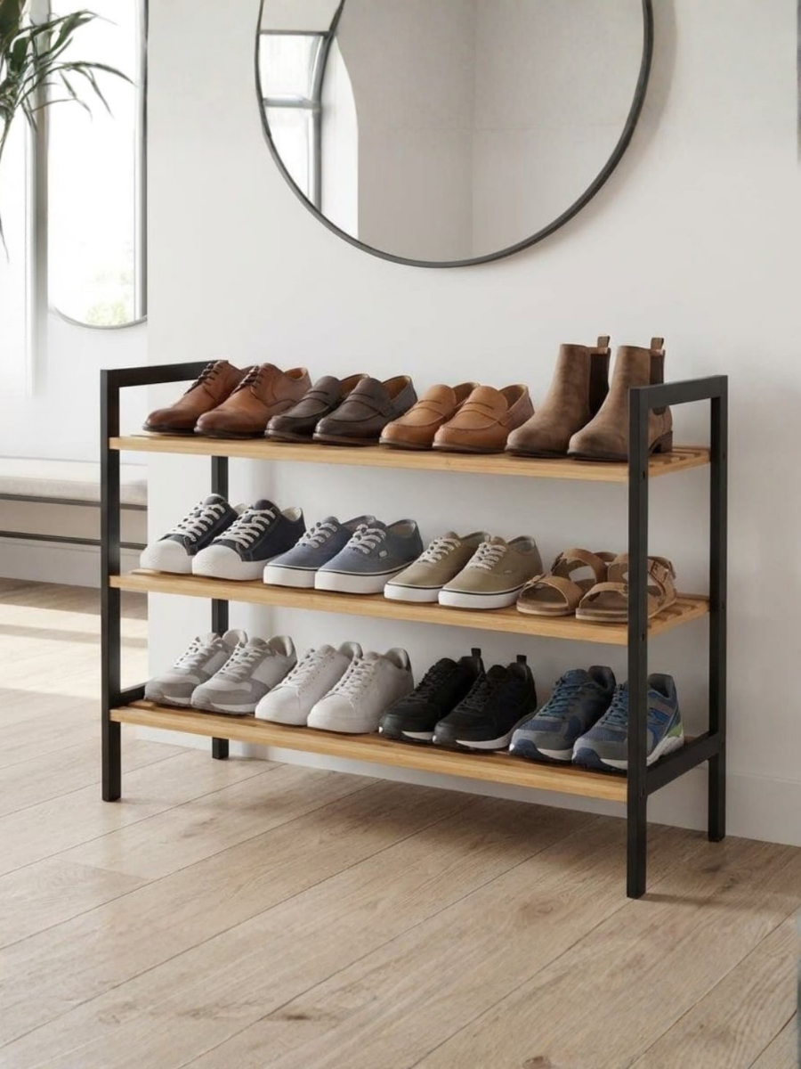 3-Tier Wood & Metal Shoe Rack