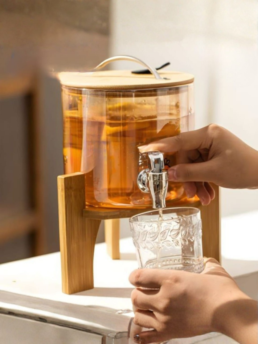 Glass Beverage Dispenser with Bamboo Stand