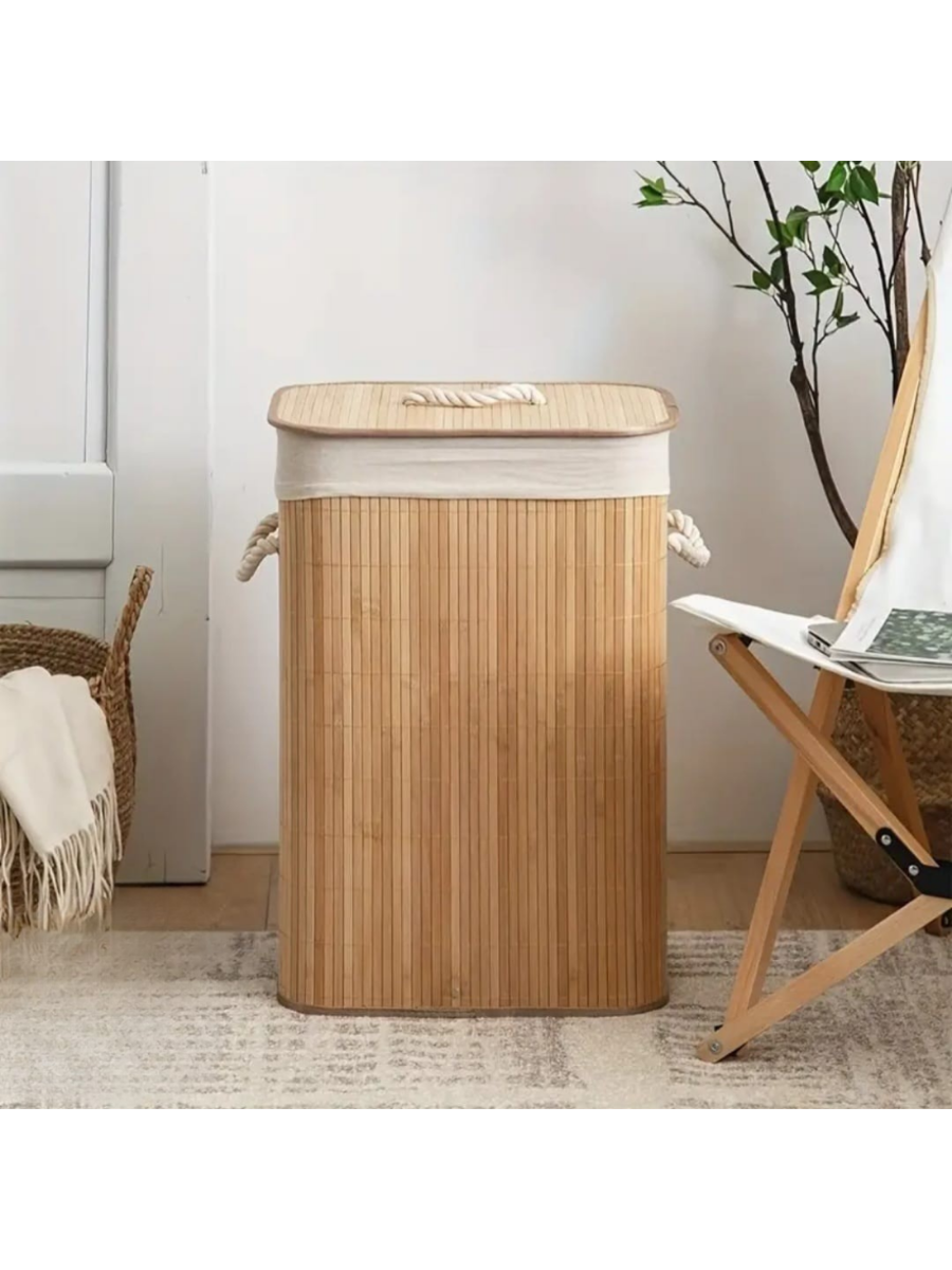 Bamboo Laundry Hamper with Lid & Rope Handles