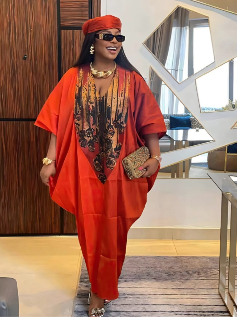African Kaftan Dress with Embroidery & Head Wrap