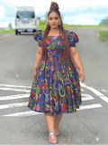 African Print Puff Sleeve Midi Dress