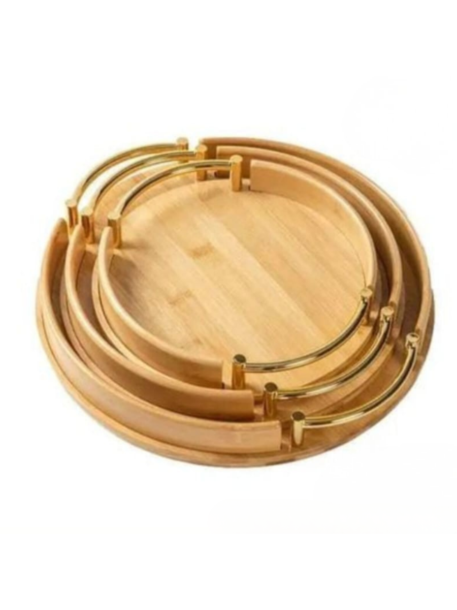 Round Bamboo Serving Tray Set with Gold Handles