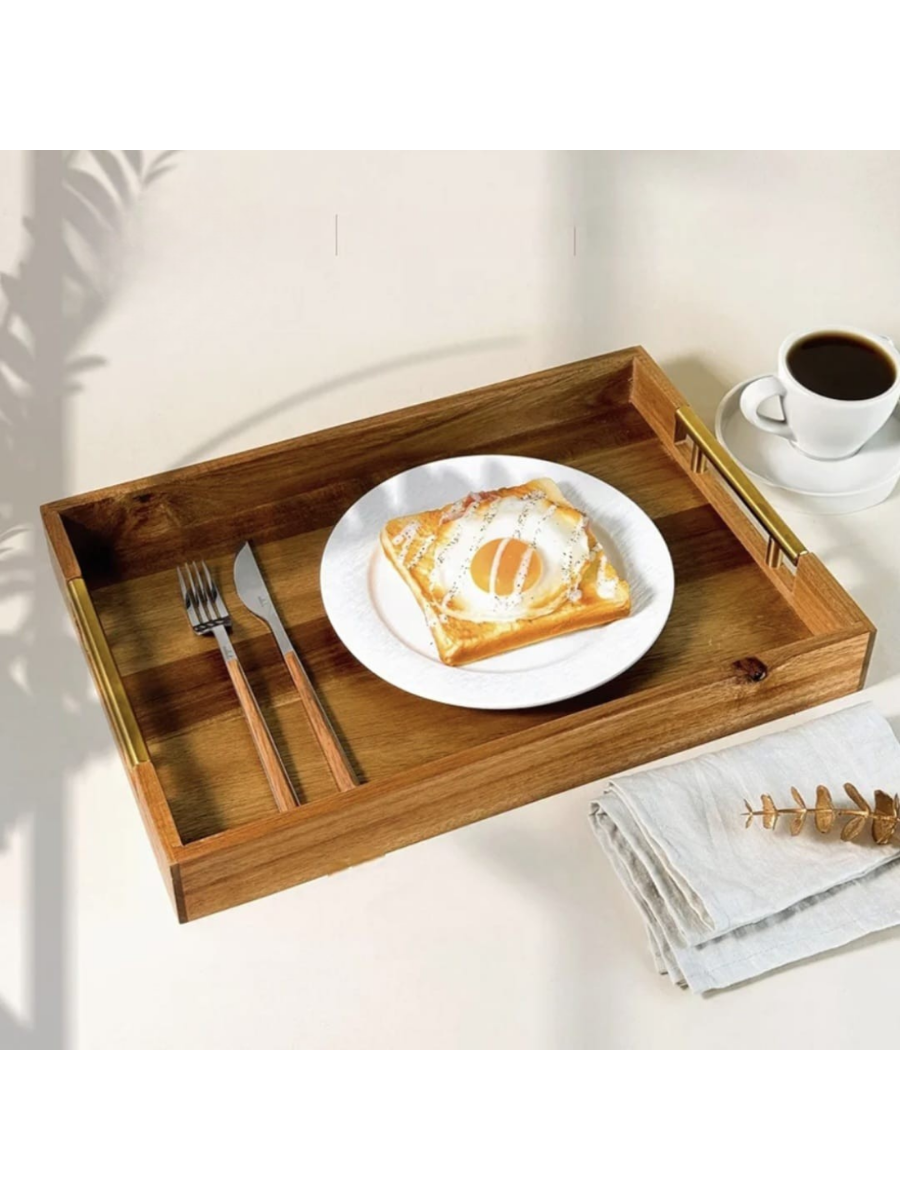 Wooden Serving Tray with Gold Handles