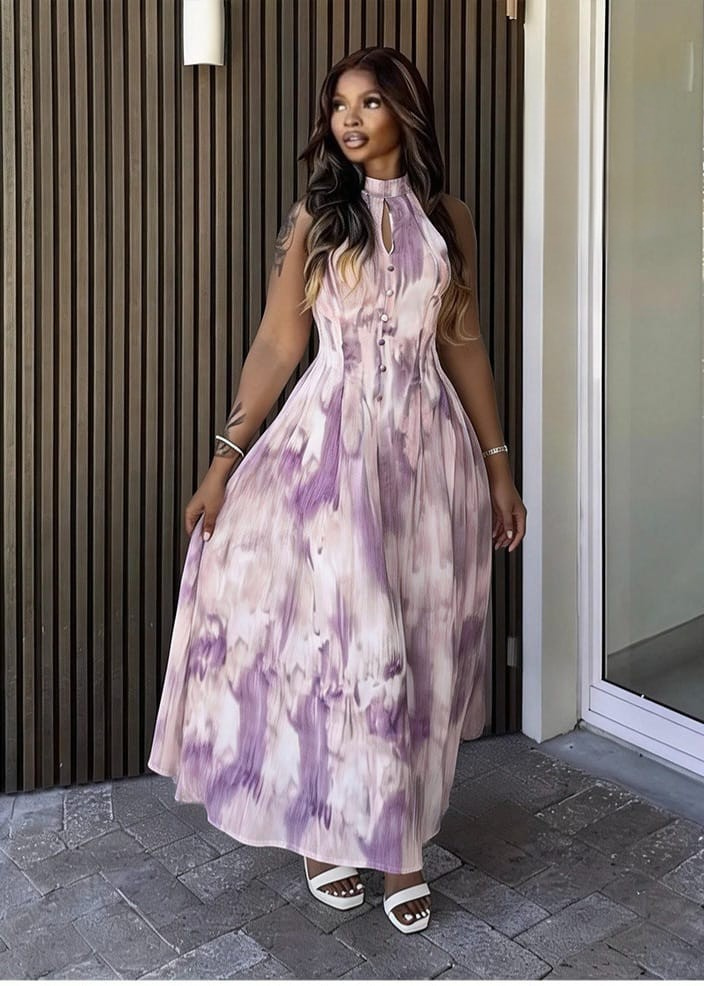 Purple Tie-Dye Halter Maxi Dress