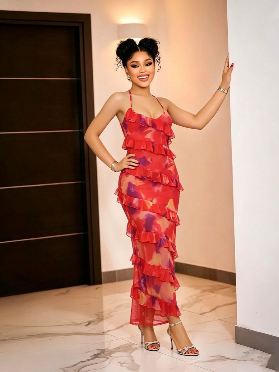 Red Floral Ruffle Midi Dress