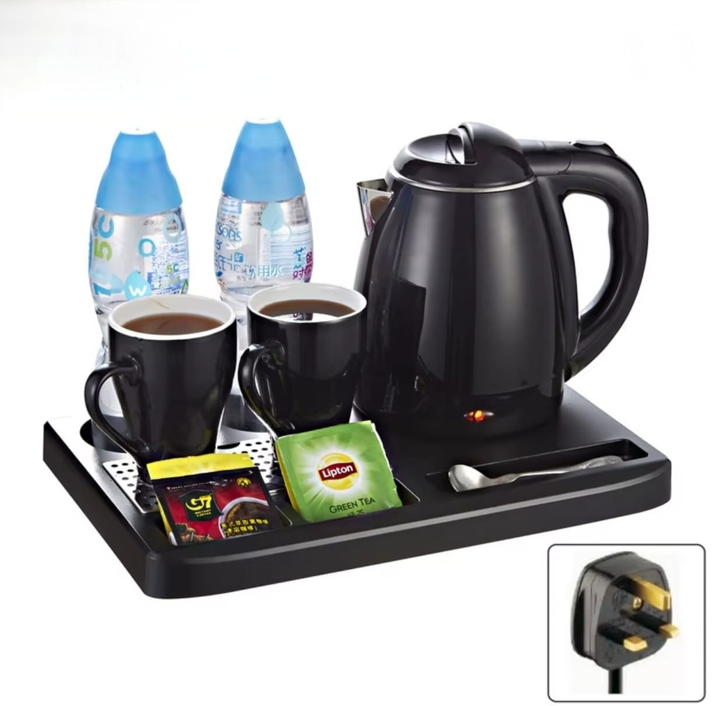 Hotel Kettle Set with Tray – 1.2L Electric Kettle & 2 Mugs
