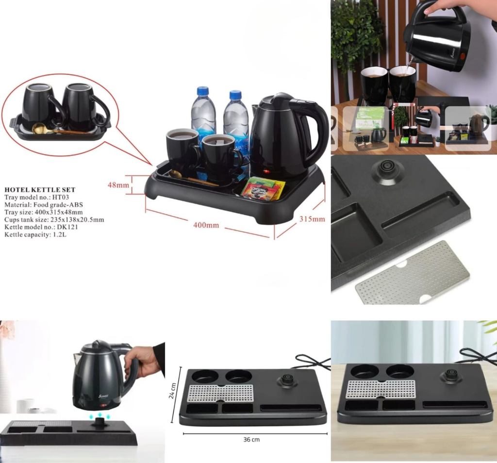 Hotel Kettle Set with Tray – 1.2L Electric Kettle & 2 Mugs