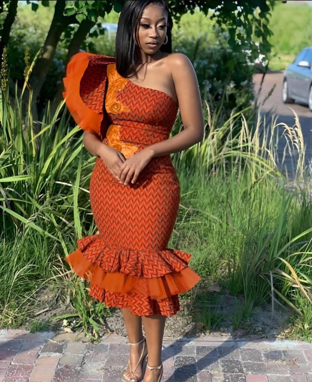 Shweshwe One-Shoulder Ruffle Midi Dress