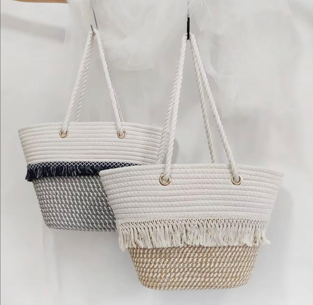 Boho Fringe Straw Tote Bag