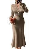 Pearl Button V-Neck Knit Maxi Dress