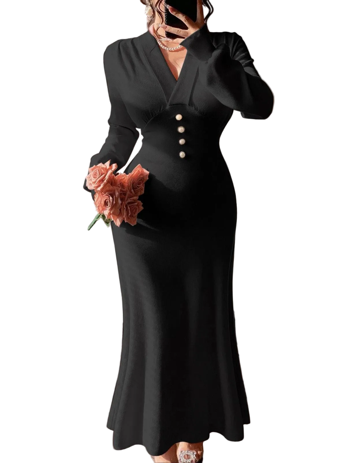 Pearl Button V-Neck Knit Maxi Dress