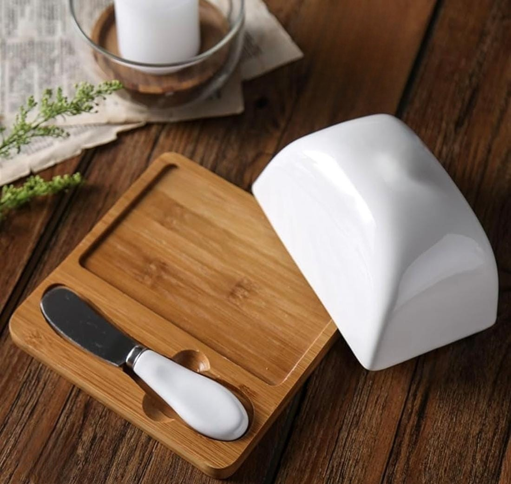 Ceramic Butter Dish with Bamboo Board & Spreader Knife